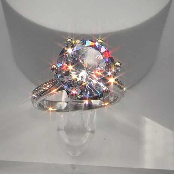 CZ Engagement Ring 4CT Round Cut Silver Tone Pave Band Size 8 - Picture 4 of 10